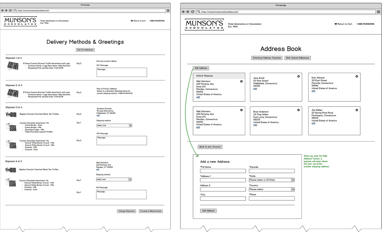 Munson's Chocolates Wireframes